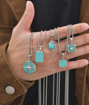 Vnox Heren Turquoise Hanger Ketting - RVS Boxketting, Vintage Stijl