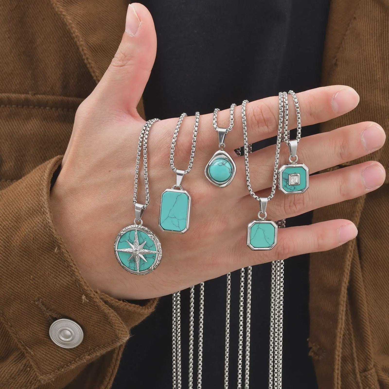 Vnox Heren Turquoise Hanger Ketting - RVS Boxketting, Vintage Stijl