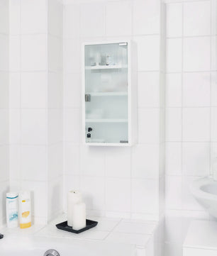 Afsluitbare Medicijnkast met Glazen Deur - Wit, 4 Vakken, 57x27x12 cm