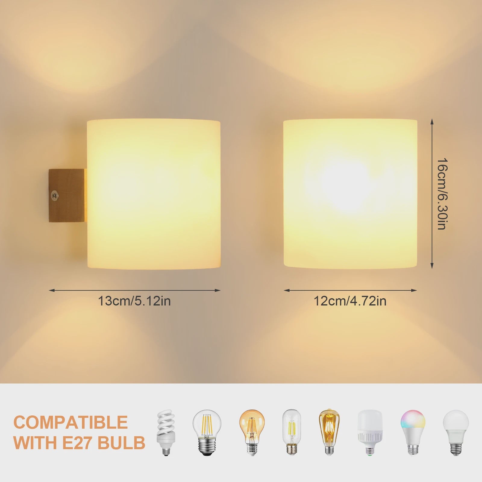 Houten Wandlamp Cilinder met Matglas en 3-kleuren LED E27 Lamp