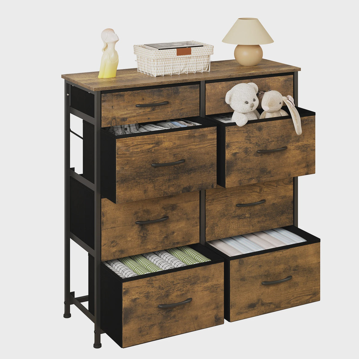 Ladekast Sideboard met 8 Stoffen Lades - Industriële Stijl - Woonkamer, Slaapkamer, Hal