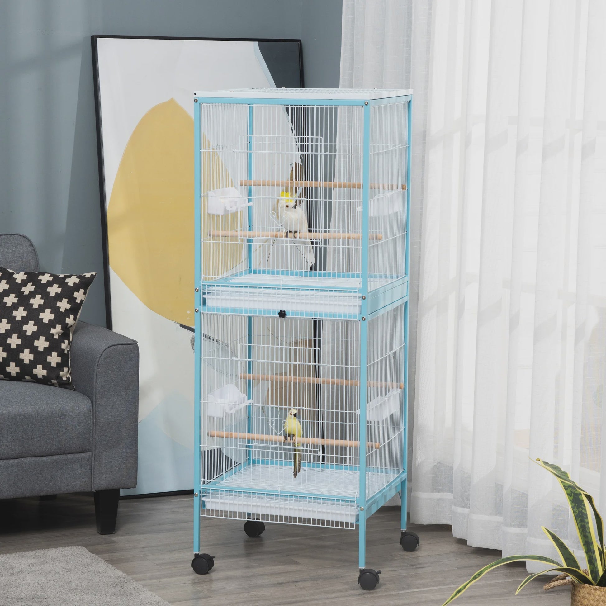 Ruime Tweelaagse Vogelkooi met Wielen en Uitneembare Trays - Blauw