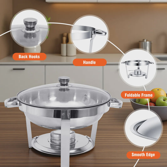 RVS Buffet Chafing Dish Set (5L) - Rond, met Deksel - Ideaal voor Feesten & Buffetten