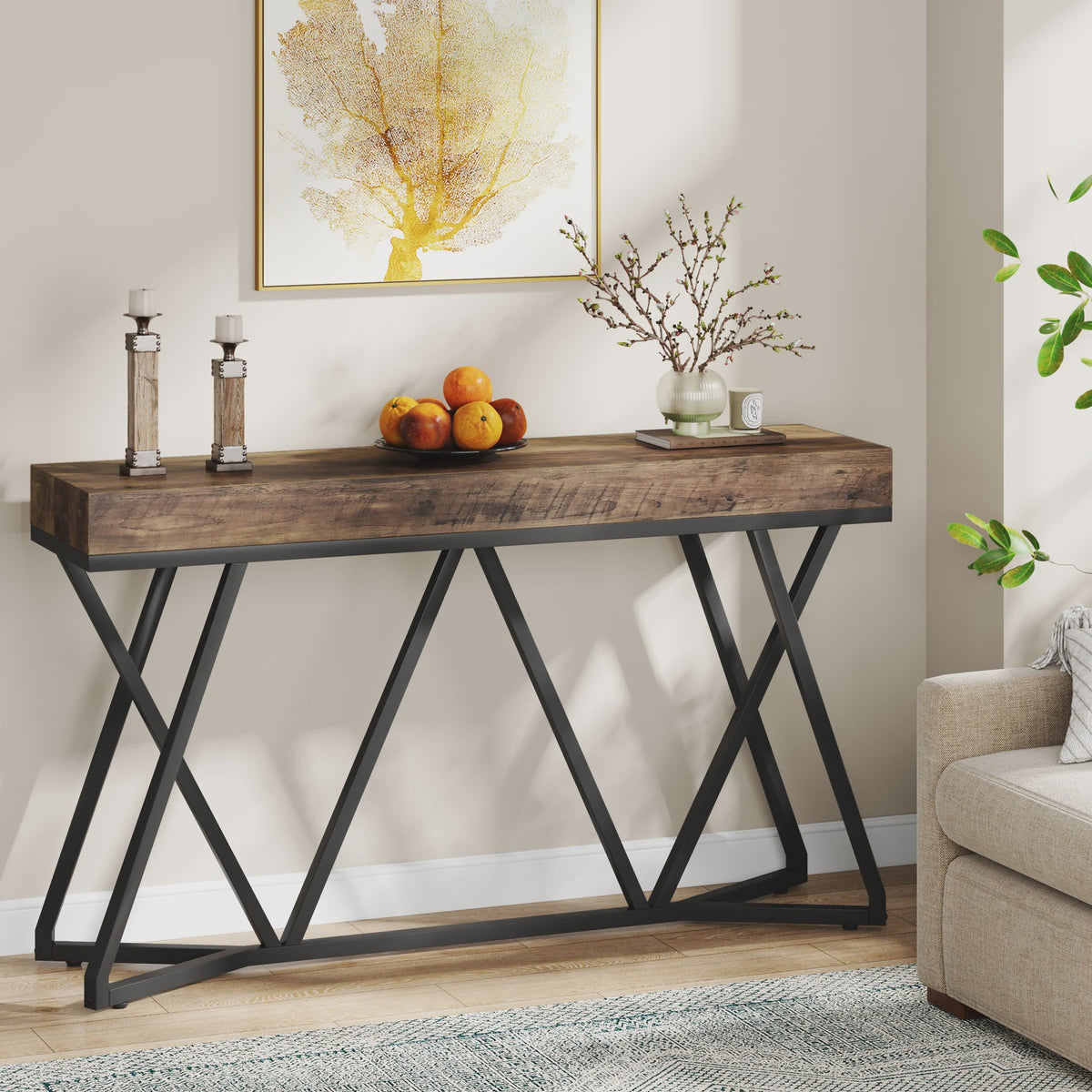 Industriële Console Tafel 140cm - Landelijke Entree Tafel met Unieke Metalen Poot