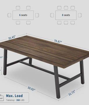 Industriële Eettafel 71" voor 6-8 Personen - Ruim Rechthoekig Keukentafel met Stalen Frame