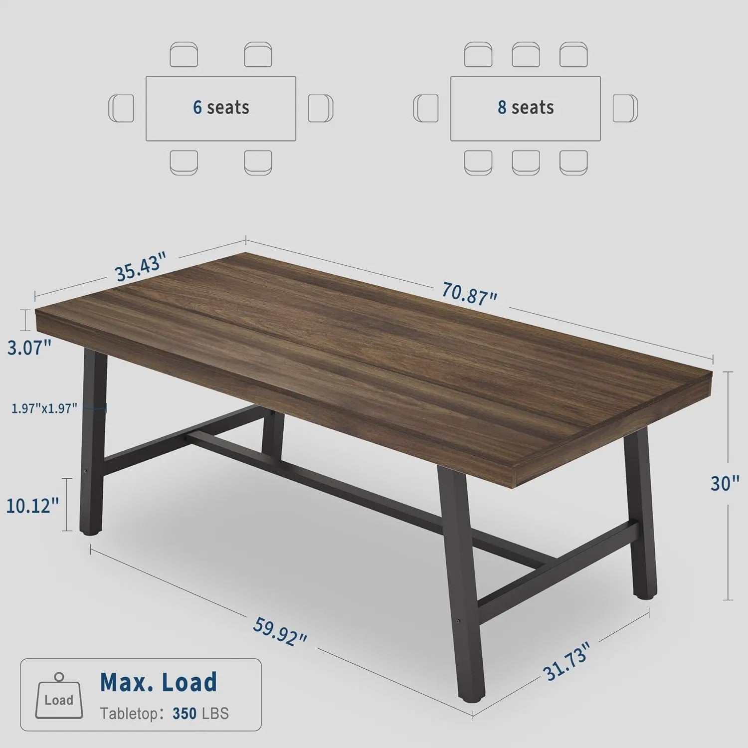 Industriële Eettafel 71" voor 6-8 Personen - Ruim Rechthoekig Keukentafel met Stalen Frame