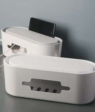 Stijlvolle Kabel Organizer Box met Houten Deksel - Bureau & Kantoor Kabelmanagement