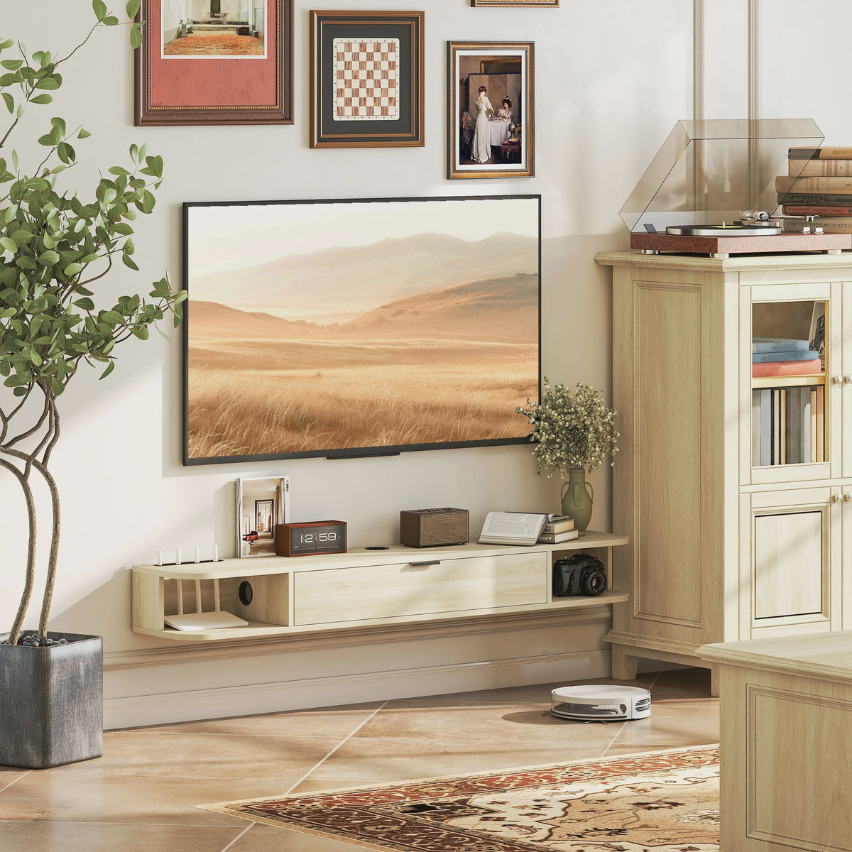 Zwevende TV-kast met Klaplade en Open Vakken - Modern Woonkamer Meubel