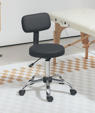 Zwarte Draaibare Kruk met Wielen en Rugleuning - In hoogte Verstelbaar (78-93 cm)