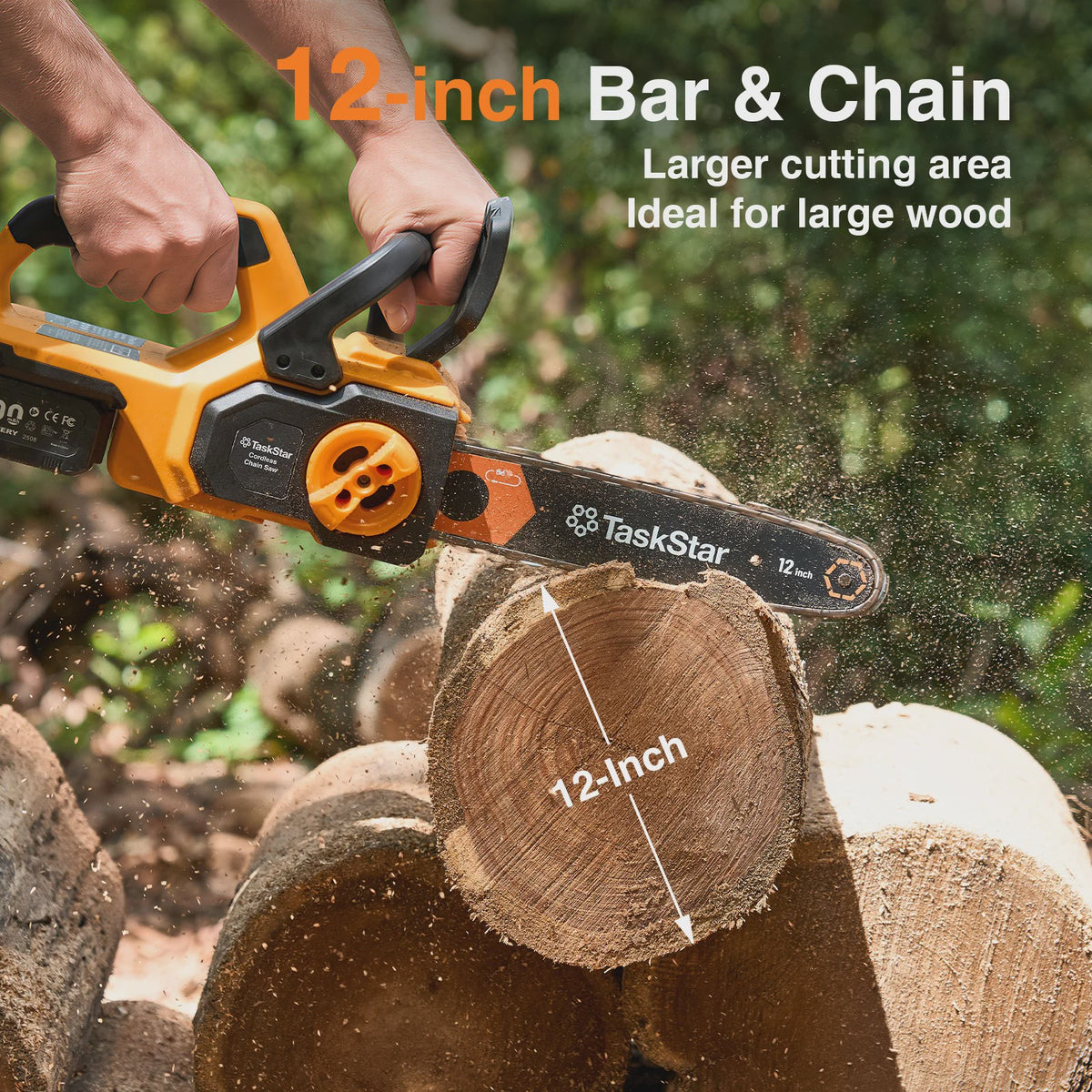TaskStar 12-Inch Accu Kettingzaag - Krachtig, Borstelloos & Automatische Olie - Incl. 2x 4000mAh Batterijen
