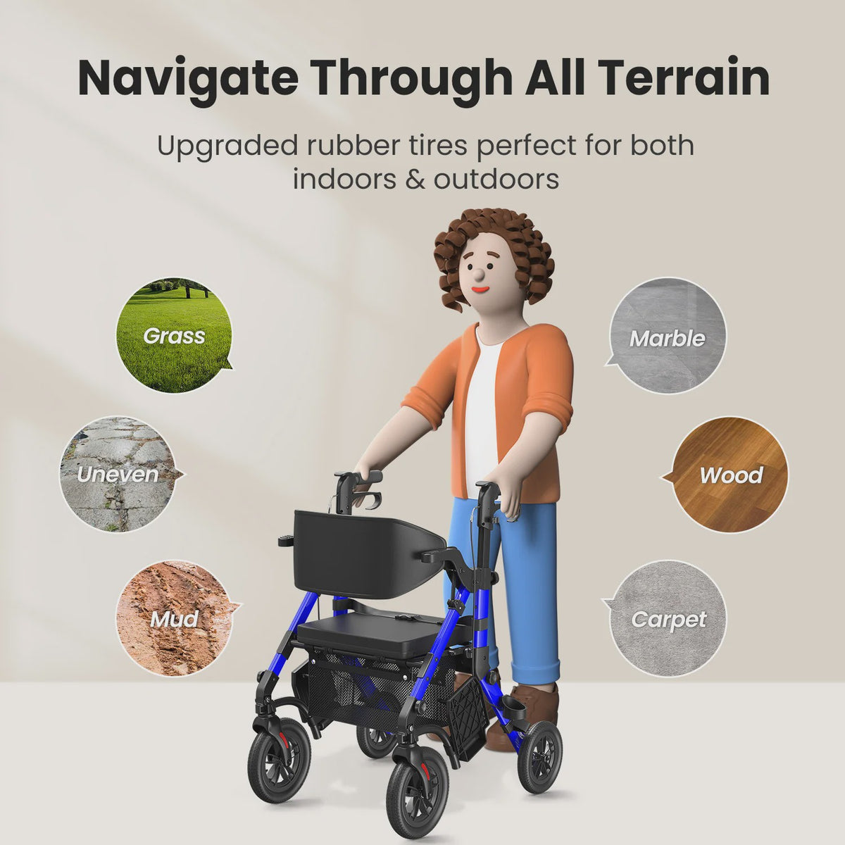 Lichtgewicht Opvouwbare Rollator Walker met Zitje & Transportrolstoelfunctie