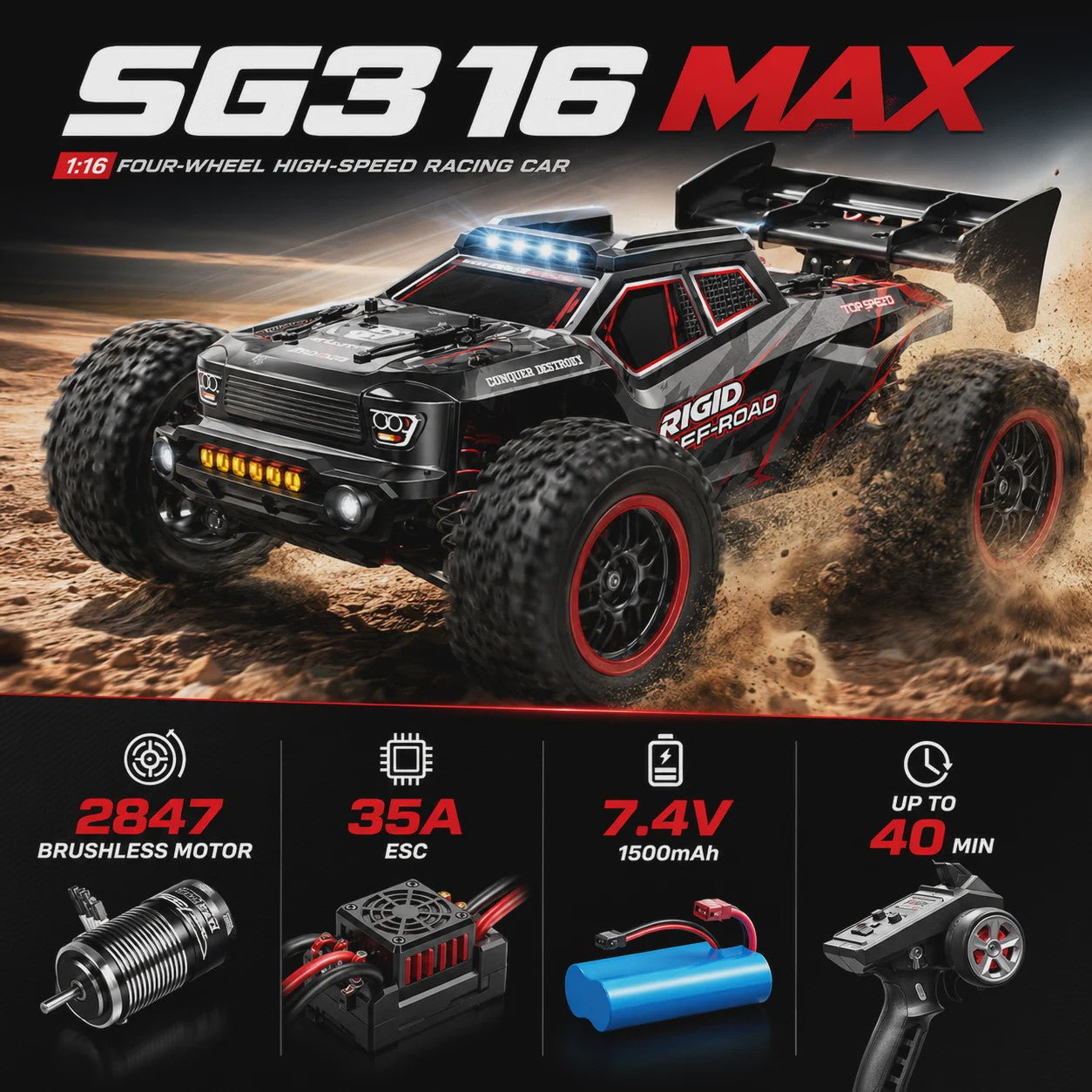 RC Crossauto 80 km/u - 1/16 4x4 Off-road Truck met LED Verlichting & 2.4G Afstandsbediening