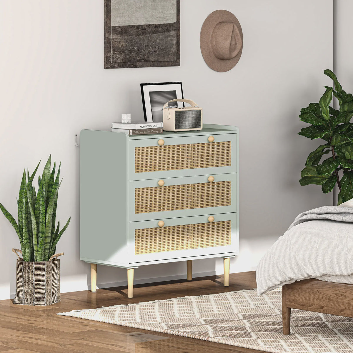 Bohemian Commode met 3 Lades - Rotan Look & Houten Frame - Stijlvolle Slaapkamer Opbergkast