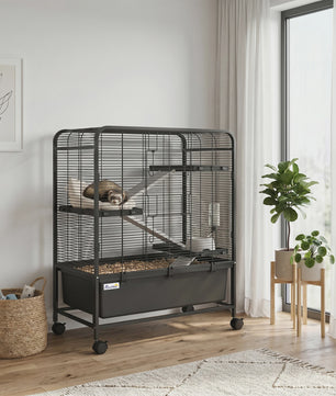 Ruime Knaagdierenkooi op Wielen met 4 Niveaus, 3 Platforms, 3 Hellingsbanen & Waterfles - Zwart