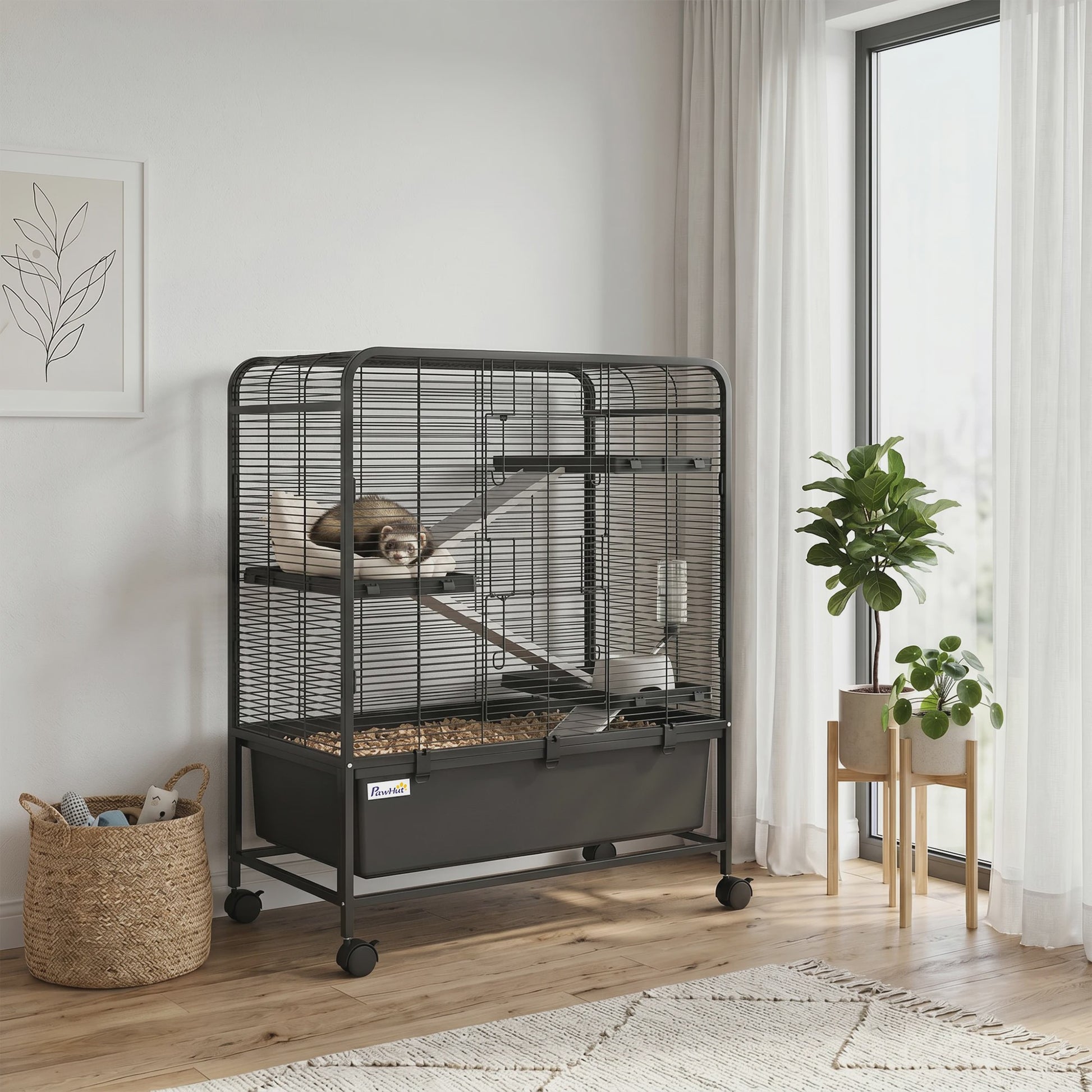 Ruime Knaagdierenkooi op Wielen met 4 Niveaus, 3 Platforms, 3 Hellingsbanen & Waterfles - Zwart