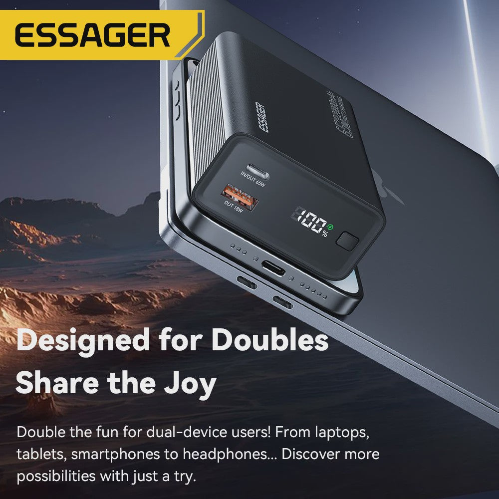 Essager Powerbank 20000mAh PD 65W Fast Charge - Draagbare Externe Batterij voor Telefoons & Laptops