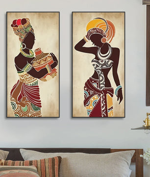 Set van 3 Afrikaanse Vrouwen Canvas Schilderijen - Vintage Wanddecoratie