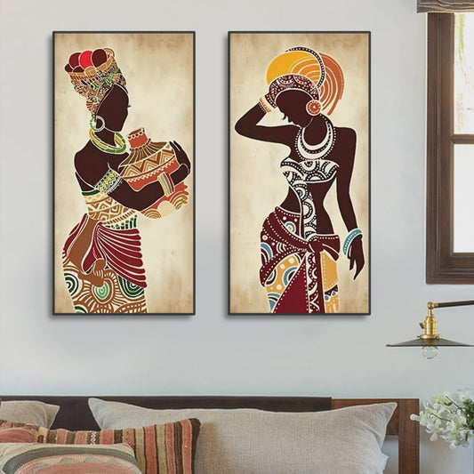 Set van 3 Afrikaanse Vrouwen Canvas Schilderijen - Vintage Wanddecoratie