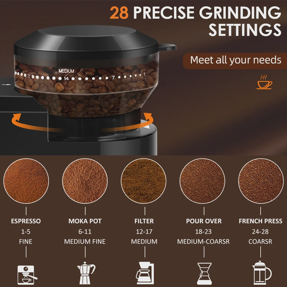 Elektrische Koffiemolen met 28 Instellingen voor Espresso, French Press & Filterkoffie