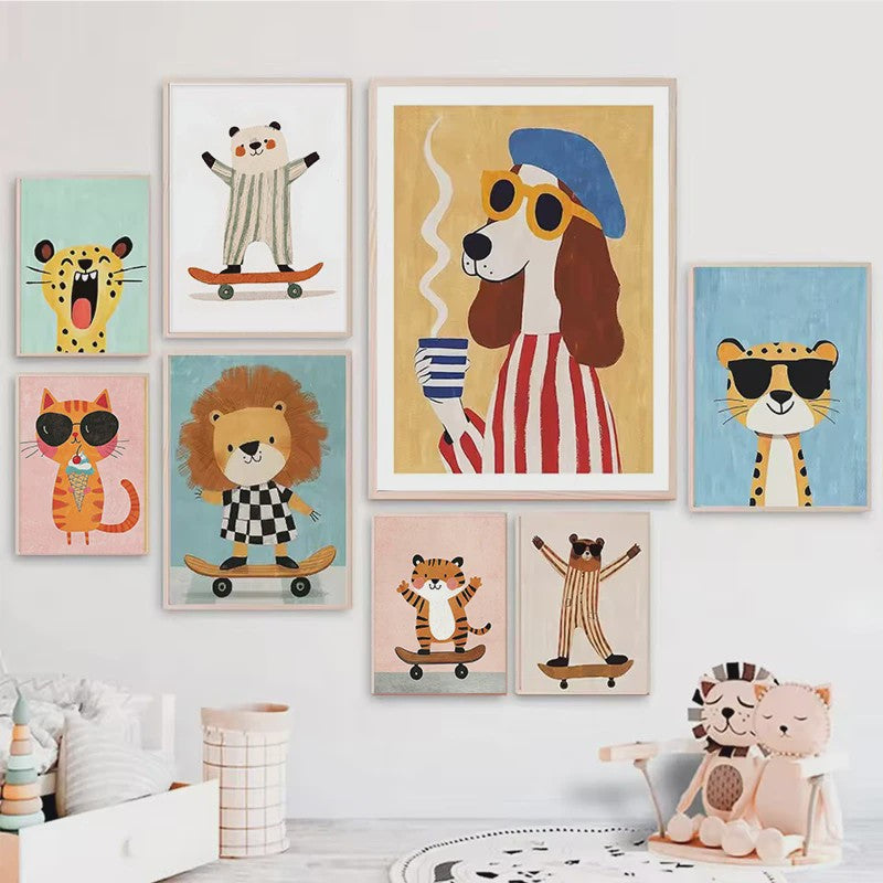 Vrolijke Dieren Canvas Posters - Leeuw, Hond, Beer & Cheetah op Skateboard - Kinderkamer Decoratie