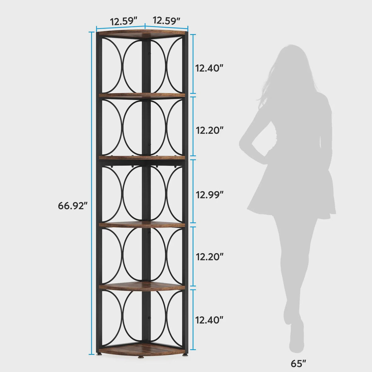 Tribesigns Hoekboekenkast 6-Tier Rustiek Hout & Metaal - 170 cm Hoog