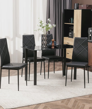Eetkamer Set: Glazen Eettafel met 4 Zwarte Stoelen - Modern Design