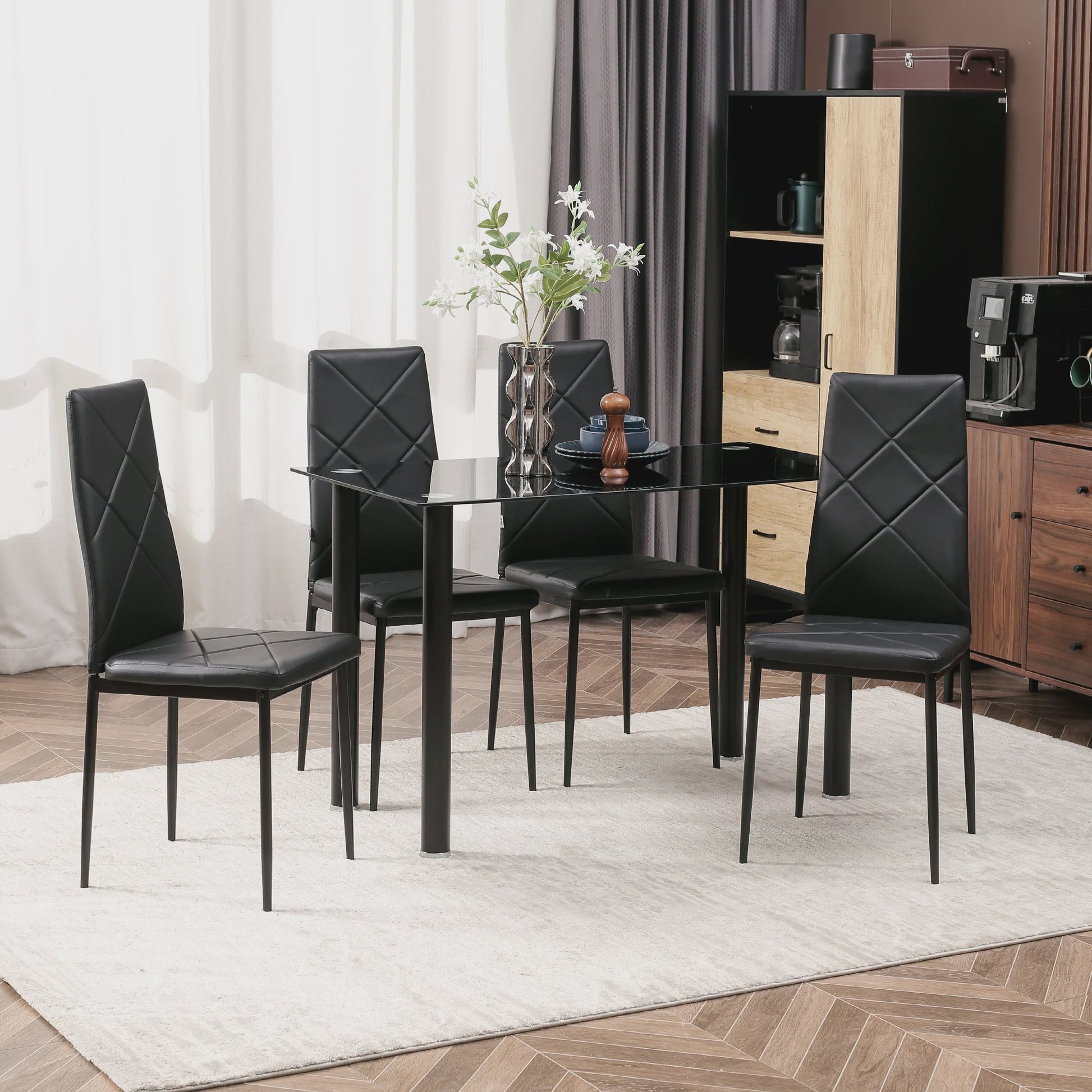 Eetkamer Set: Glazen Eettafel met 4 Zwarte Stoelen - Modern Design