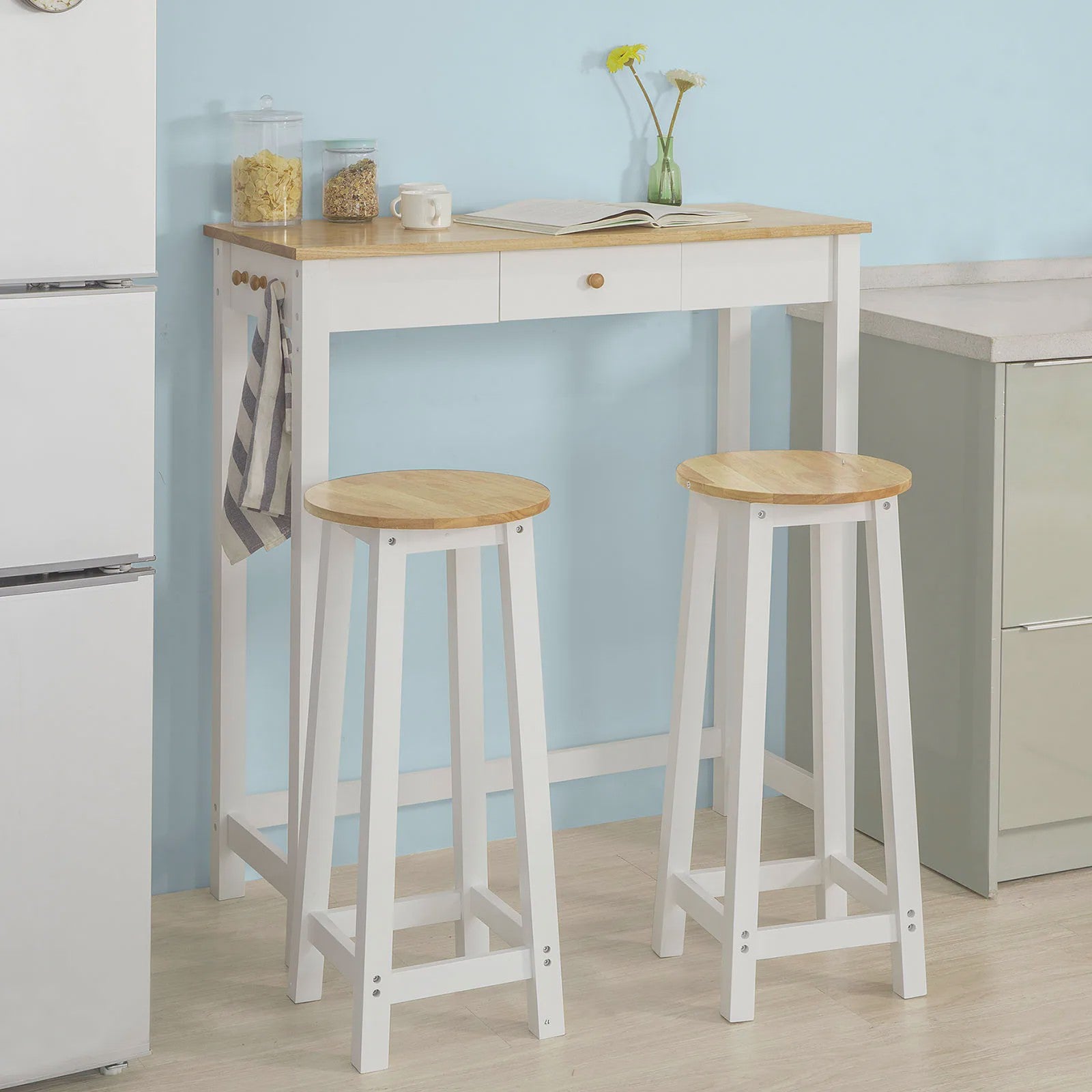 Compacte Bartafel Set met 2 Krukken, Lade en Haken - Ideaal voor Keuken en Bistro