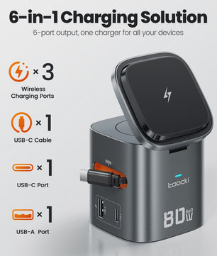 Toocki 80W GaN 6-in-1 Oplaadstation: MagSafe, 65W PD & Intrekbare Kabel
