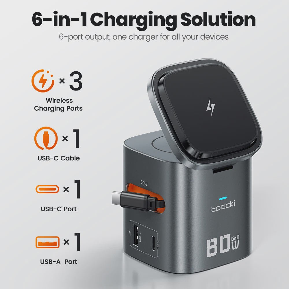 Toocki 80W GaN 6-in-1 Oplaadstation: MagSafe, 65W PD & Intrekbare Kabel