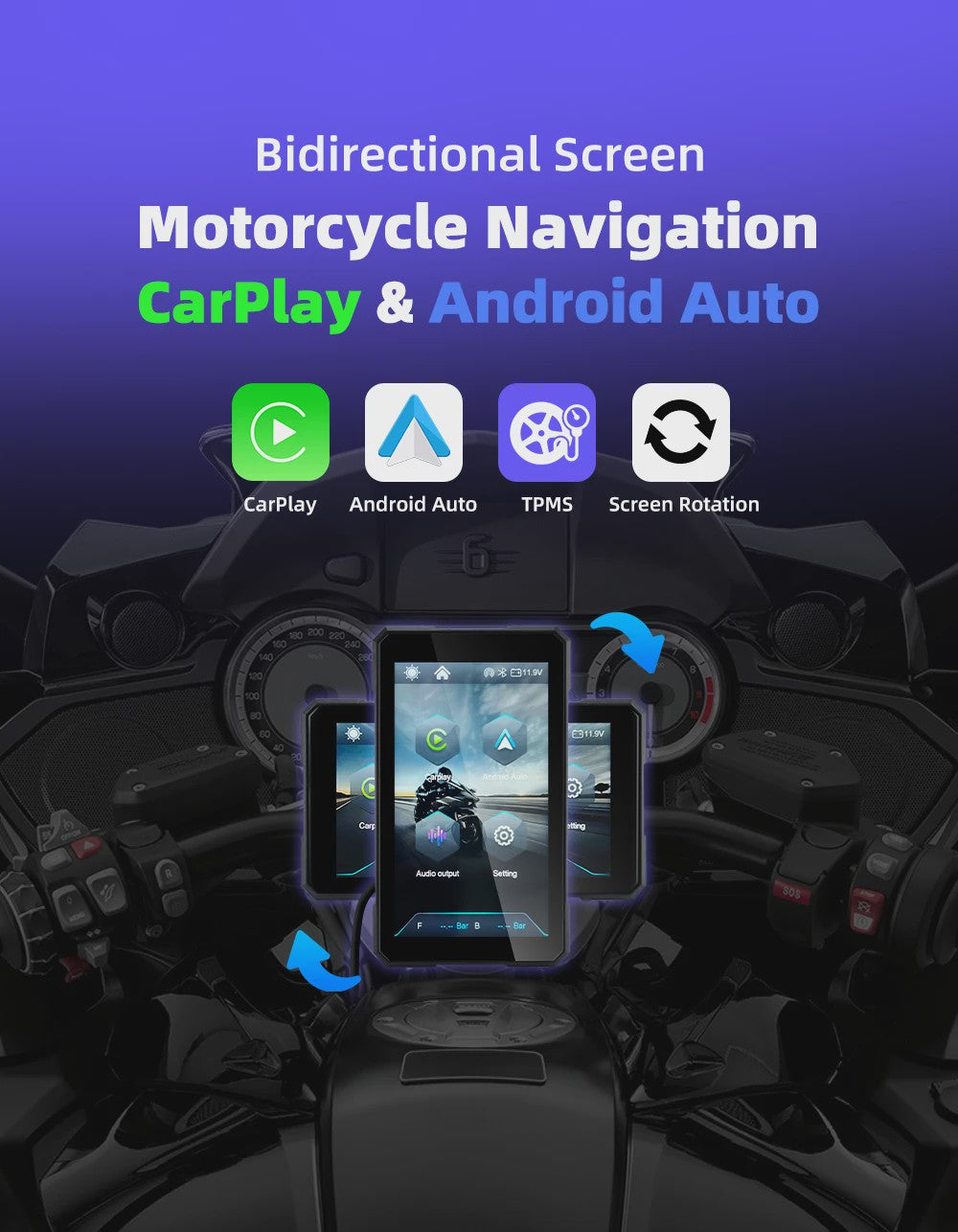 5" Motorfiets Display met Draadloze CarPlay & Android Auto, Navigatie, Siri/Google Assistant, IP67 Waterdicht