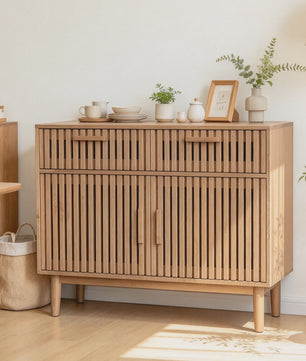 Simurq Sideboard / Buffetkast 100x35x80cm - 2 Lades, 2 Deuren, Massief Houten Poten & Lamellenpanelen