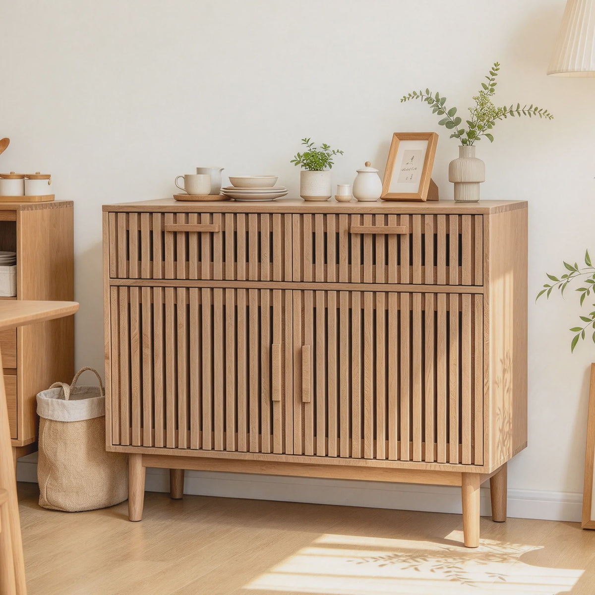 Simurq Sideboard / Buffetkast 100x35x80cm - 2 Lades, 2 Deuren, Massief Houten Poten & Lamellenpanelen