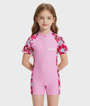 Schattig Roze Kinder Zwempak met Korte Mouwen - 1-delig Strand & Zwembad Outfit