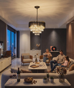 Luxe Zwarte & Gouden Kristallen Kroonluchter met Verstelbare Ketting - Stijlvolle Hanglamp