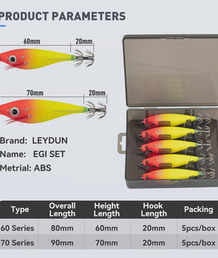 LEYDUN Luminous Vis Lokaas Set - 5 Stuks Houten Garnalen Kunstaas voor Inktvis & Octopus