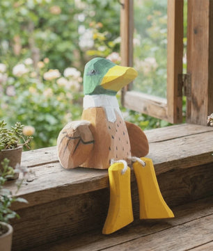 Grappig Houten Eend Beeldje met Zwaaiende Voetjes - Handgemaakte Decoratie