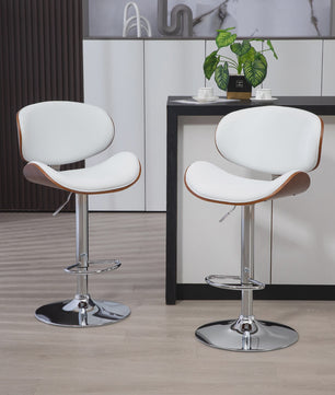 Set van 2 Verstelbare Barkrukken - Wit Kunstleer & Houtnerf - Barstoelen Keuken