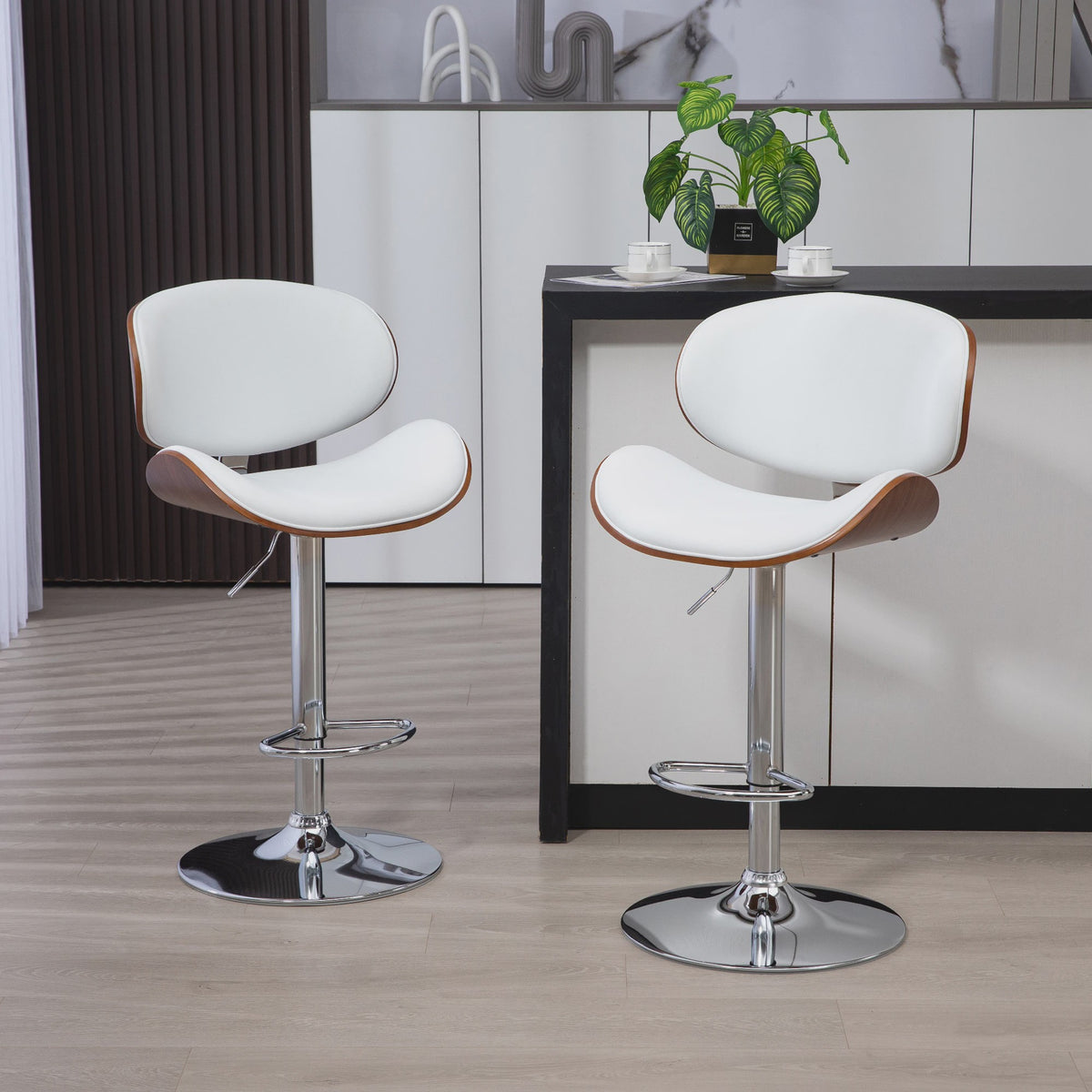 Set van 2 Verstelbare Barkrukken - Wit Kunstleer & Houtnerf - Barstoelen Keuken