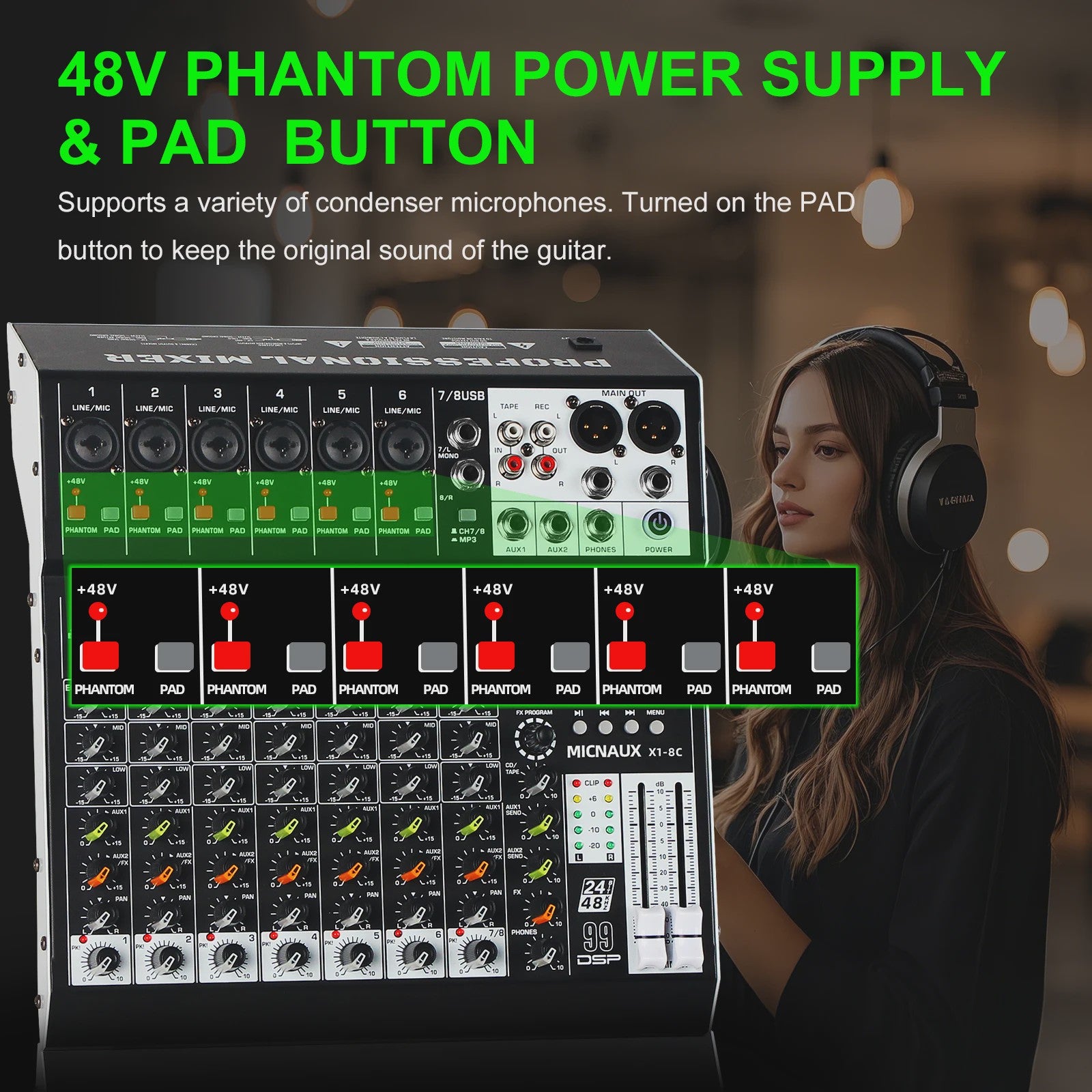 FULUODE X1-8C: Professionele 8-Kanaals Audio Mixer met 99 DSP Effecten, USB & Bluetooth