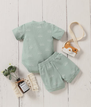 Schattige Baby Zomer Set: Korte Mouw Top & Broek met Zonneprint en Strik - Casual Outfit voor Pasgeborenen
