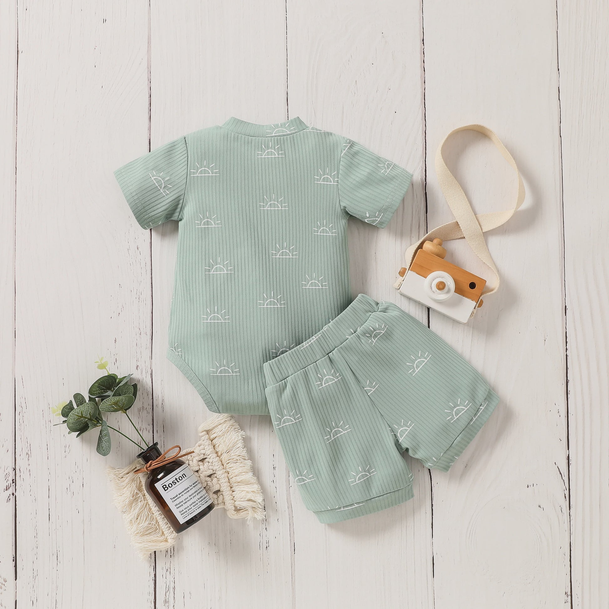 Schattige Baby Zomer Set: Korte Mouw Top & Broek met Zonneprint en Strik - Casual Outfit voor Pasgeborenen