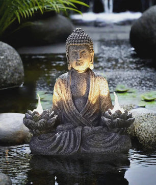 Zonne-energie Lotus Boeddha Beeld met LED Verlichting - Decoratie voor Tuin, Patio & Yoga