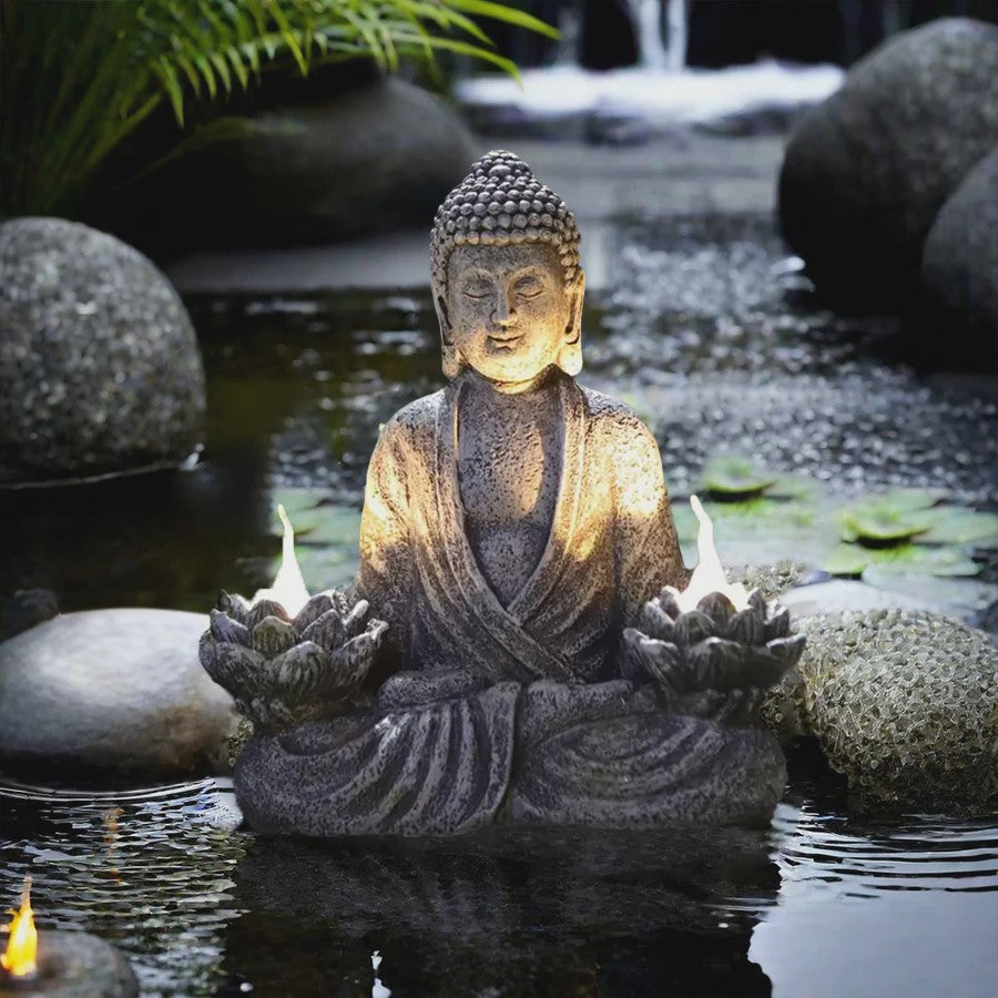 Zonne-energie Lotus Boeddha Beeld met LED Verlichting - Decoratie voor Tuin, Patio & Yoga