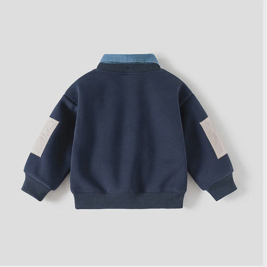 Warme Kinder Sweater met Denim Kraag en Patch Pocket - Herfst/Winter Collectie