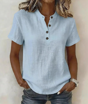 Dames Casual Linnenlook Blouse met Korte Mouwen en Henley Hals - Zomerse Relaxed Fit Top