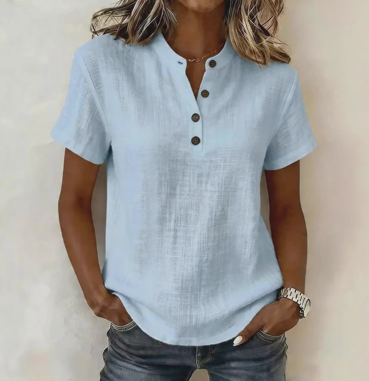 Dames Casual Linnenlook Blouse met Korte Mouwen en Henley Hals - Zomerse Relaxed Fit Top