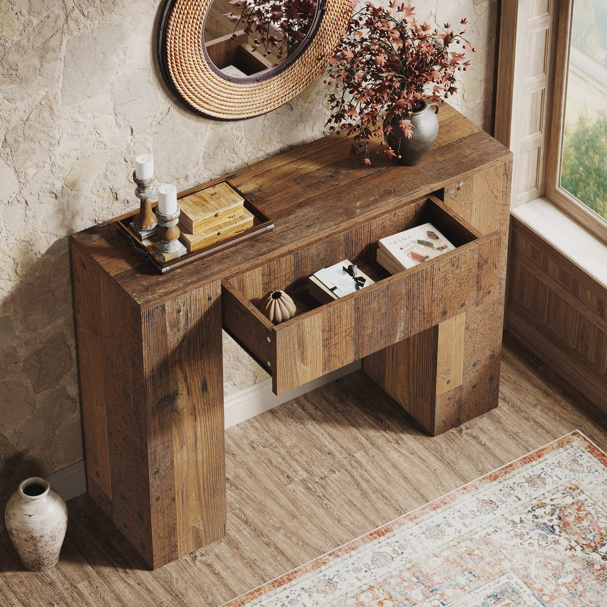 Rustieke Houten Console Tafel met Lade - 100 cm - Entree, Woonkamer, Banktafel