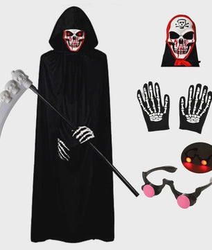 Griezelige Grim Reaper Kostuum voor Kinderen met Gloeiende Rode Ogen, Handschoenen en Zeis