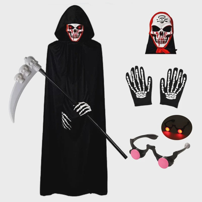 Griezelige Grim Reaper Kostuum voor Kinderen met Gloeiende Rode Ogen, Handschoenen en Zeis